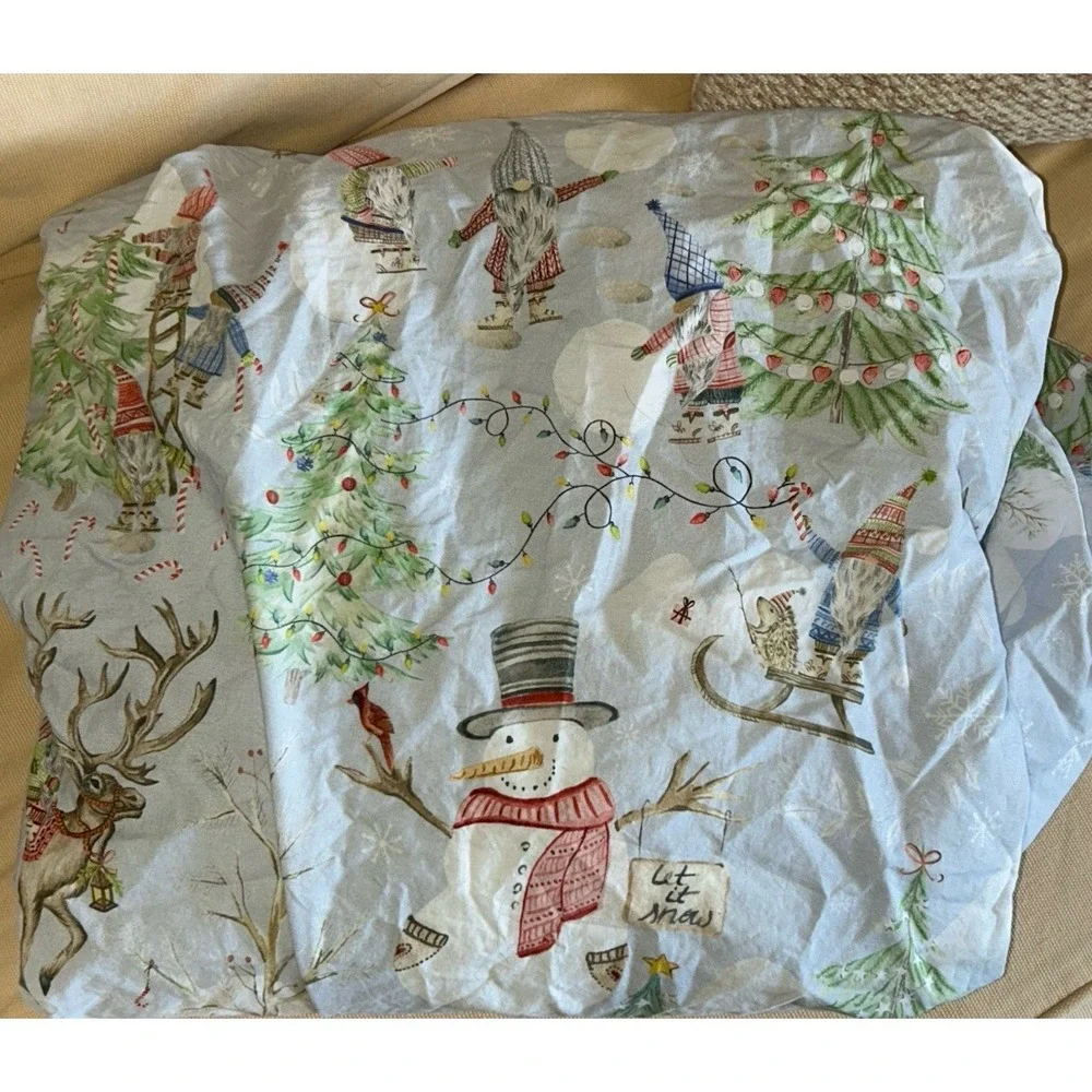 Pottery Barn Snow Day Gnome Full Fitted Sheet Excellent Christmas ORGANIC COTTON